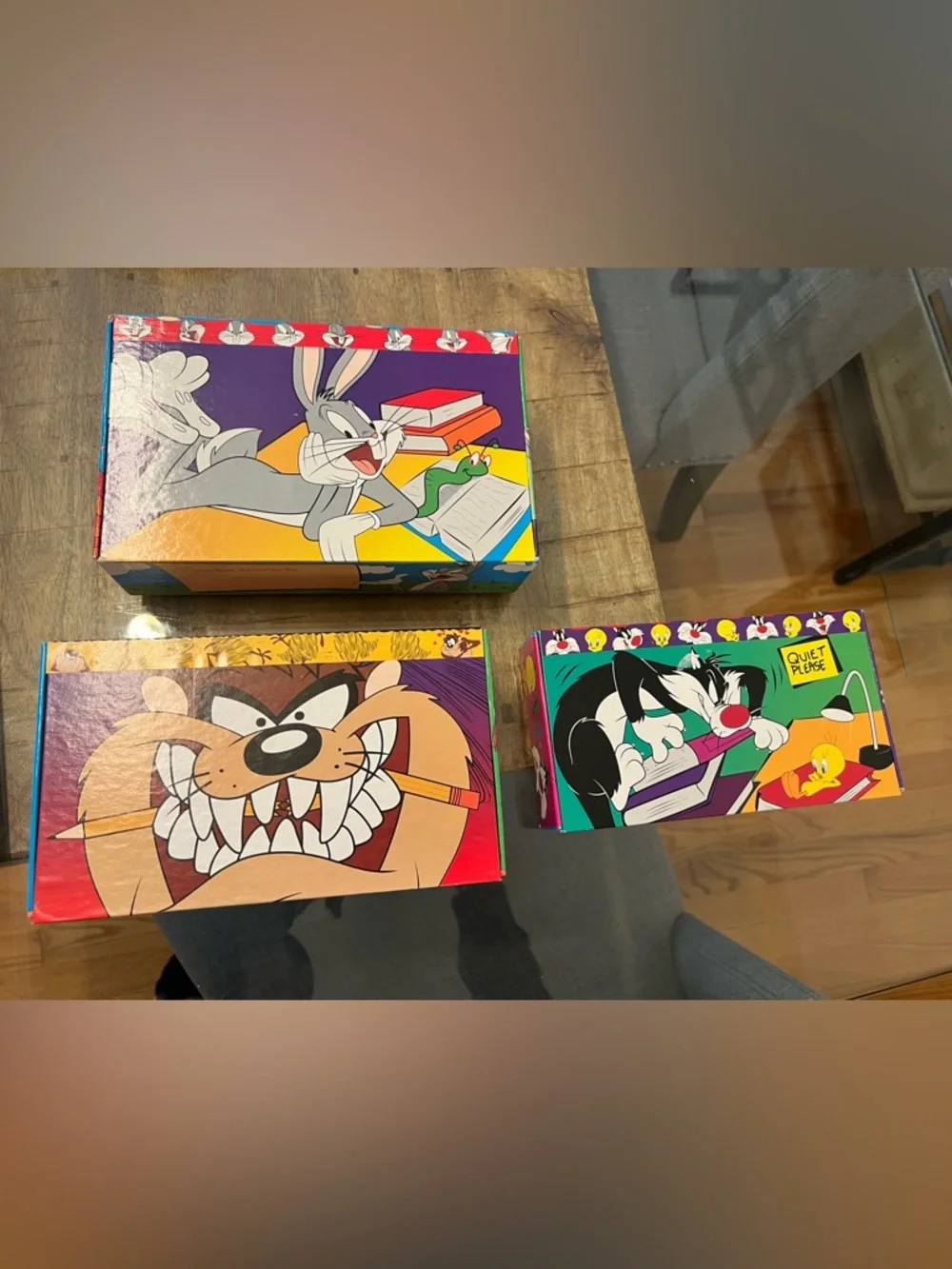 vintage 1990s Looney Tunes cardboard pencil boxes featuring characters